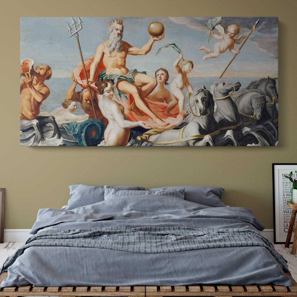 The Return of Neptune by John Singleton Copley — single-panel canvas above a bed with blue bedding