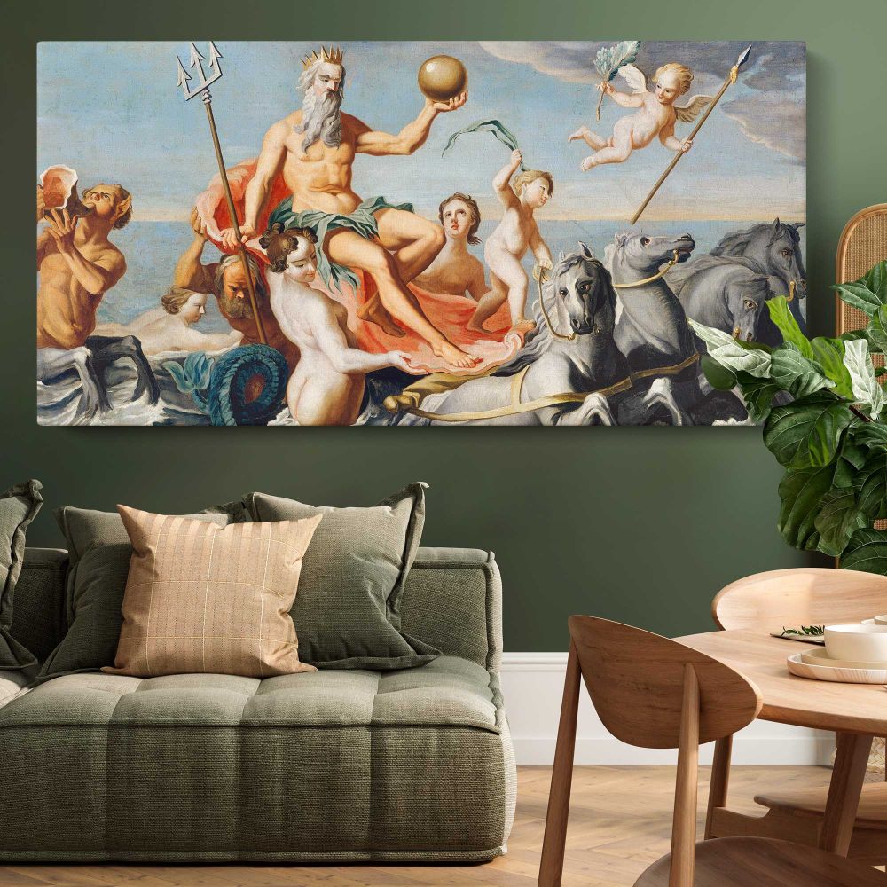 The Return of Neptune by John Singleton Copley — single-panel canvas above a green sofa