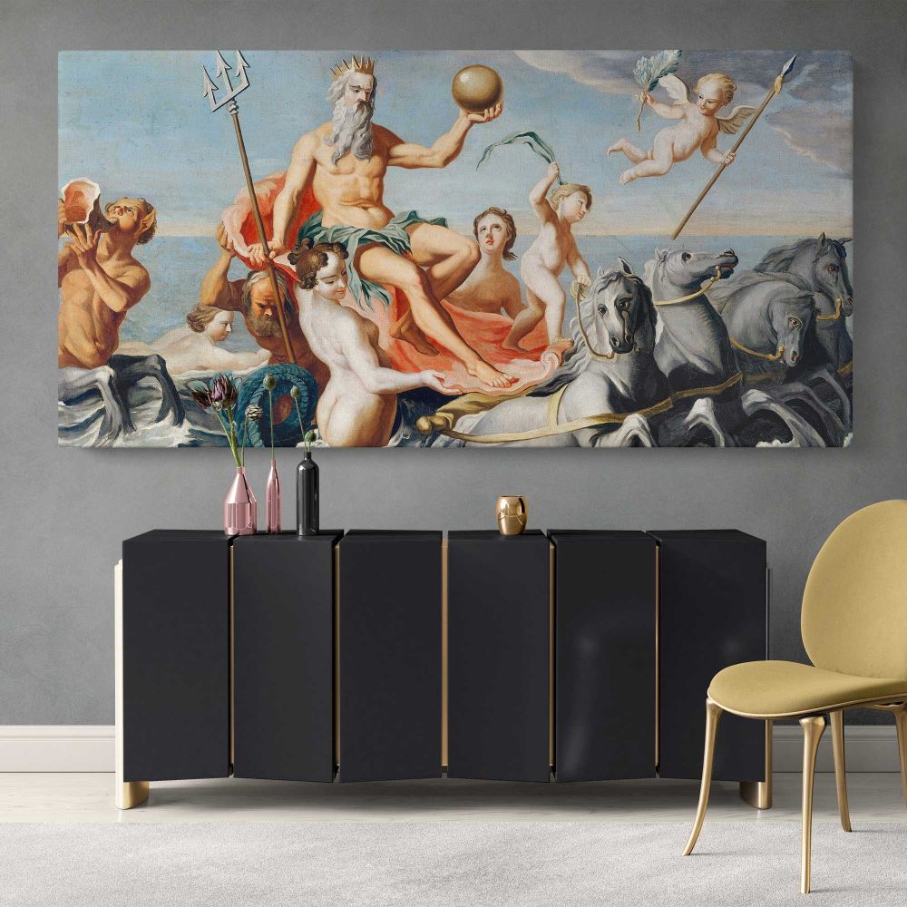 The Return of Neptune by John Singleton Copley — single-panel canvas above a sideboard