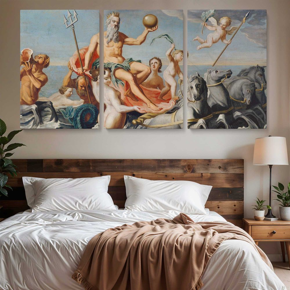 The Return of Neptune by John Singleton Copley — three-panel canvas above a bed