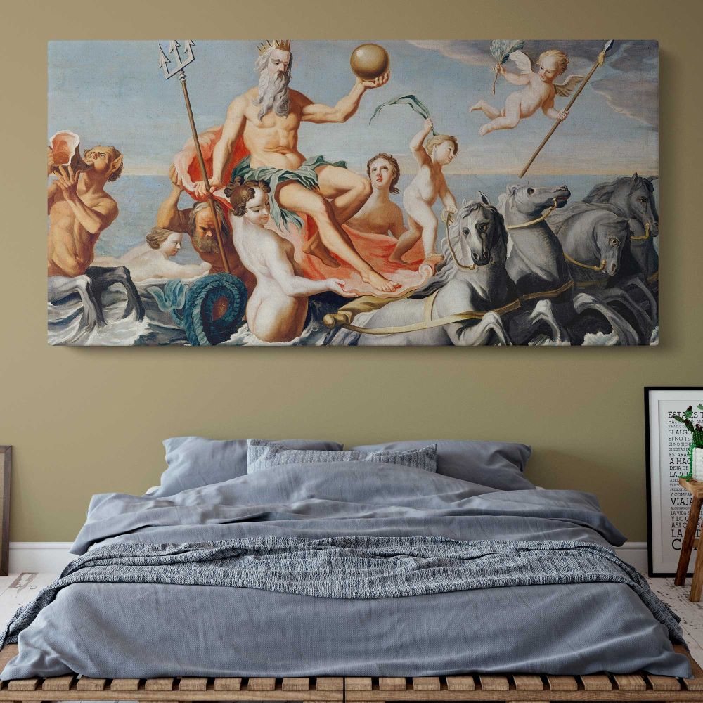 The Return of Neptune by John Singleton Copley — single-panel canvas above a bed with blue bedding