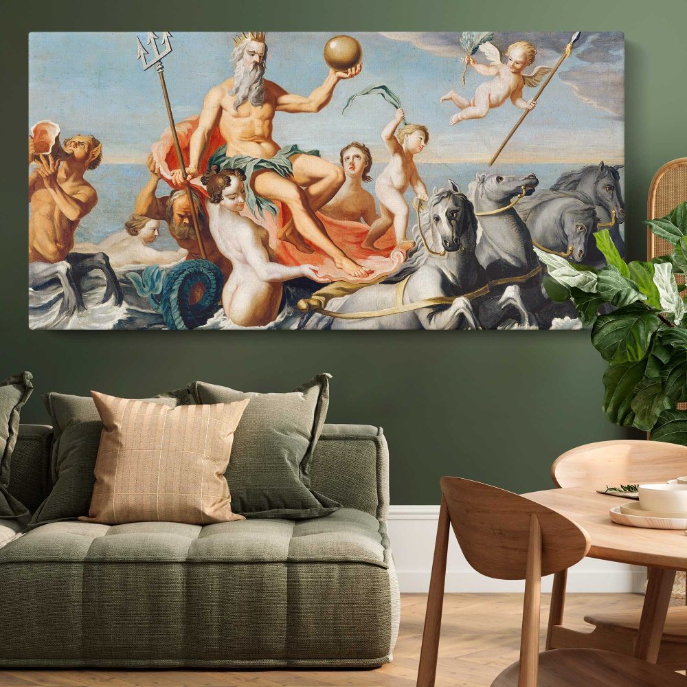 The Return of Neptune by John Singleton Copley — single-panel canvas above a green sofa
