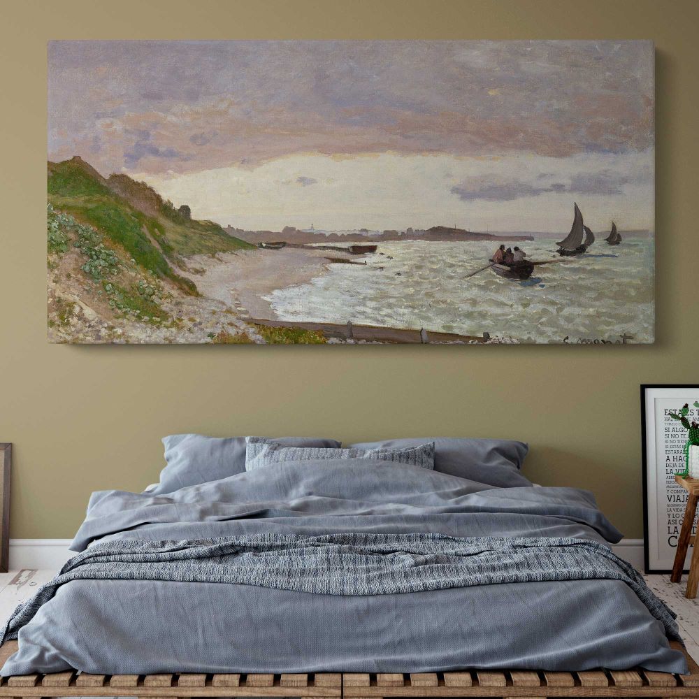 The Seashore at Sainte-Adresse by Claude Monet — single-panel canvas above a bed with blue bedding