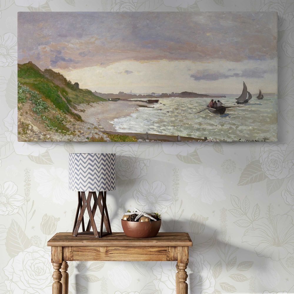 The Seashore at Sainte-Adresse by Claude Monet — single-panel canvas above a console table