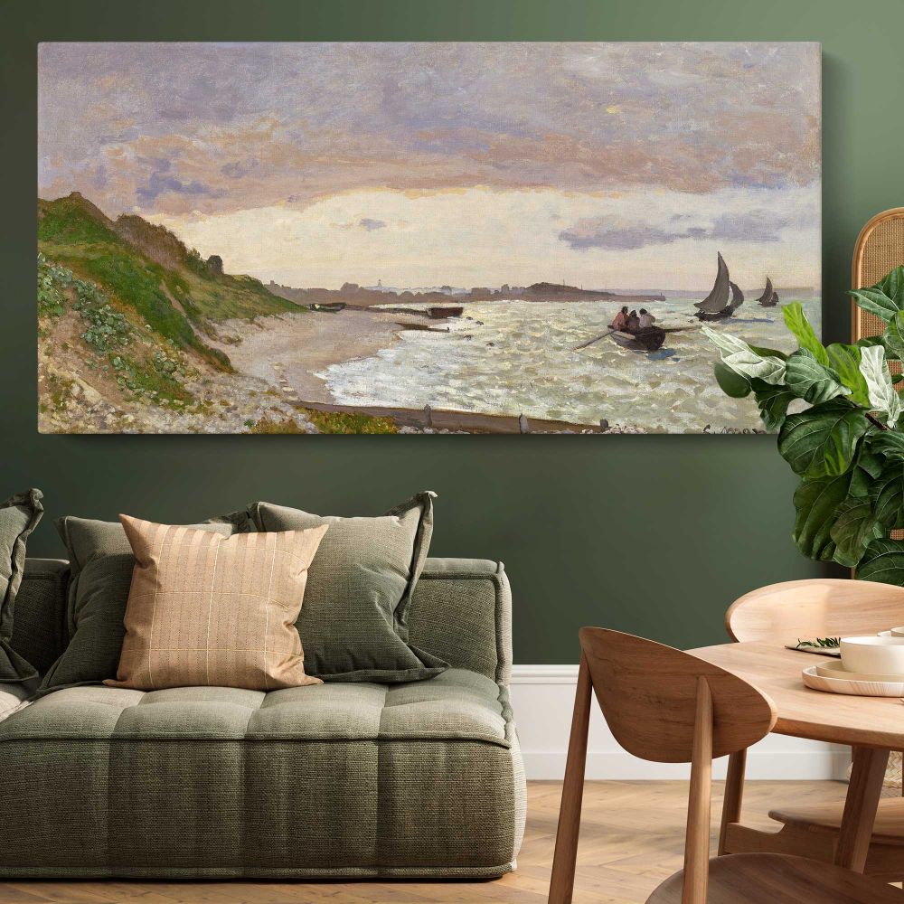 The Seashore at Sainte-Adresse by Claude Monet — single-panel canvas above a green sofa