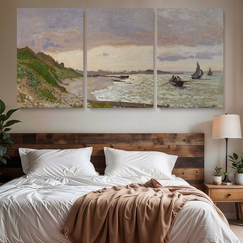 The Seashore at Sainte-Adresse by Claude Monet — three-panel canvas above a bed