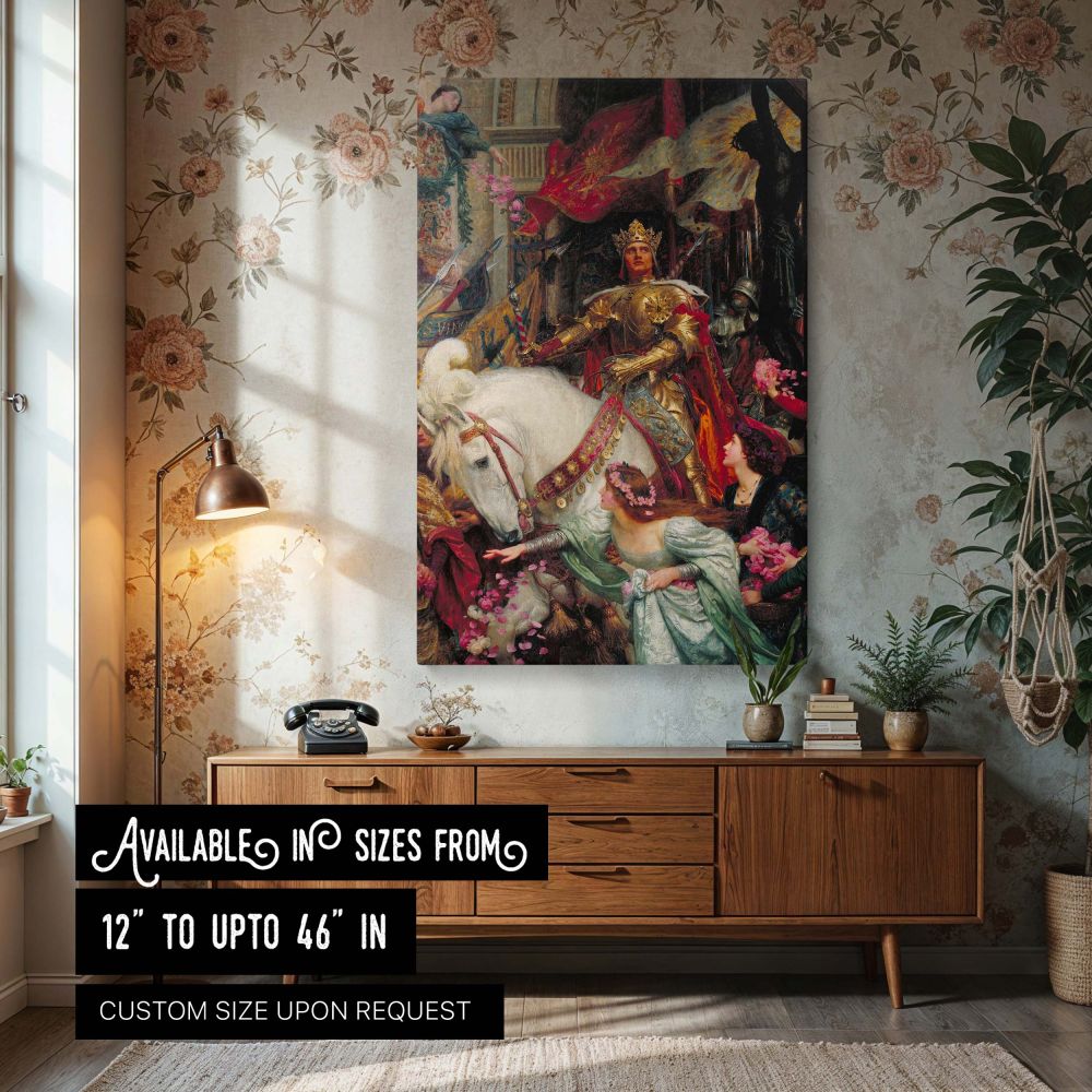 The Two Crowns by Frank Dicksee - Knight in Gold Armor with White Horse canvas wall art
