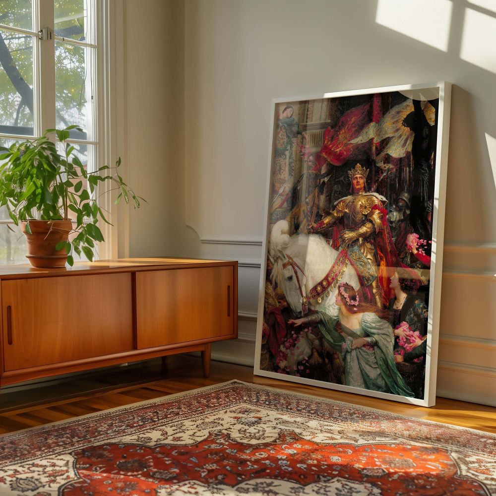 The Two Crowns by Frank Dicksee - Knight in Gold Armor with White Horse canvas wall art - Image 6