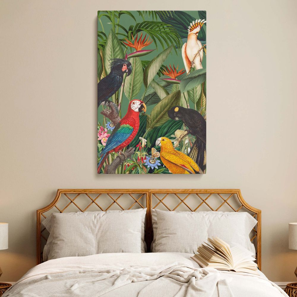 Tropical Jungle Birds - Exotic Wildlife Scene with Lush Foliage and Colorful Birds canvas wall art