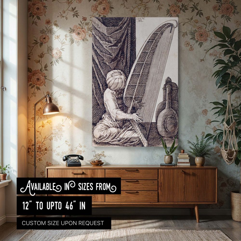 Turk Playing Harp - Melchior Lorch Fine Black Ink Illustration canvas wall art
