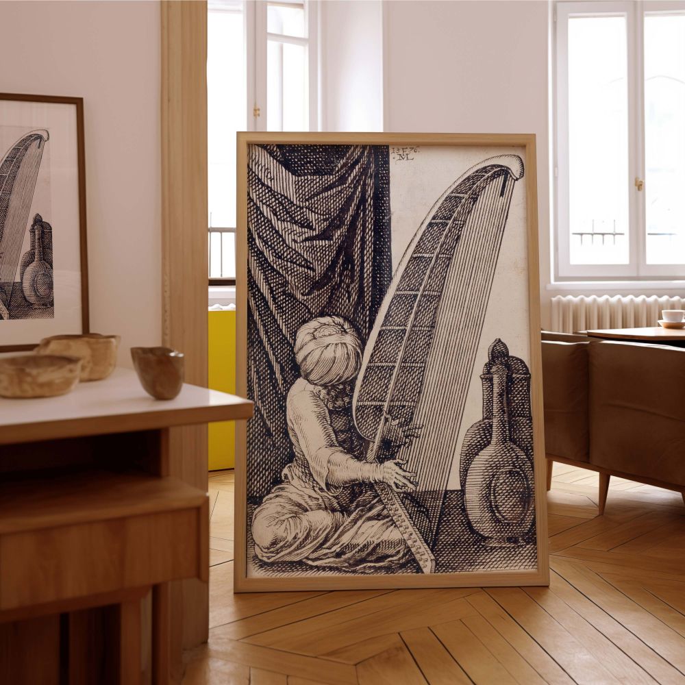 Turk Playing Harp - Melchior Lorch Fine Black Ink Illustration canvas wall art - Image 7