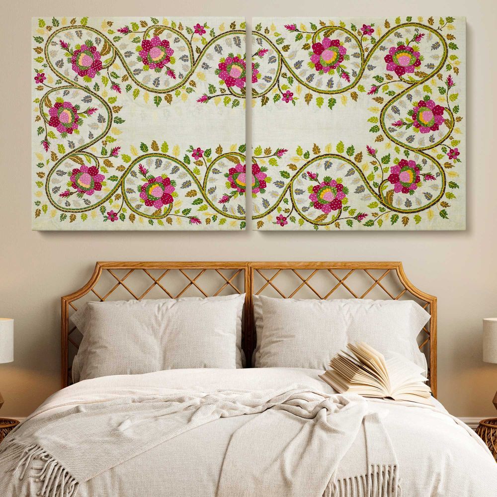 Turkish Pillow Floral Embroidery Pattern by William Morris — single-panel canvas in a bedroom