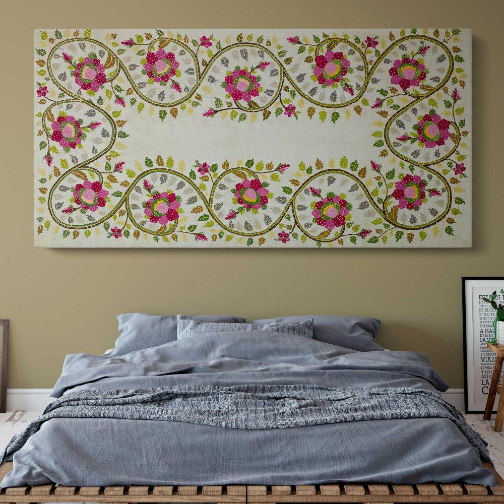 Turkish Pillow Floral Embroidery Pattern by William Morris — single-panel canvas above a bed with blue bedding