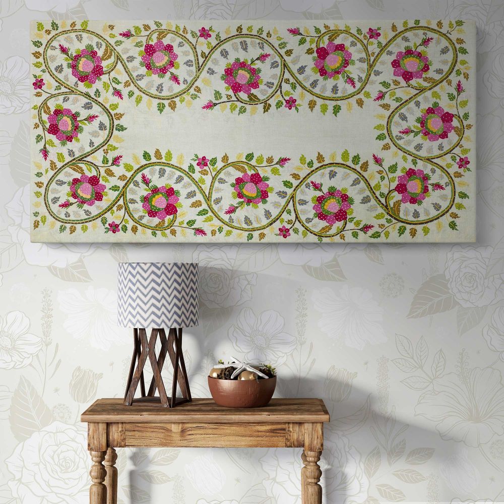 Turkish Pillow Floral Embroidery Pattern by William Morris — single-panel canvas above a console table