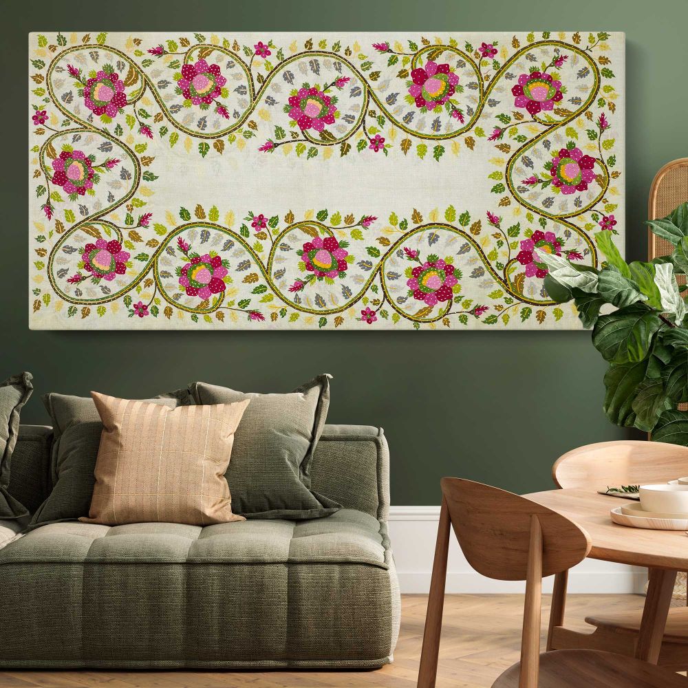 Turkish Pillow Floral Embroidery Pattern by William Morris — single-panel canvas above a green sofa