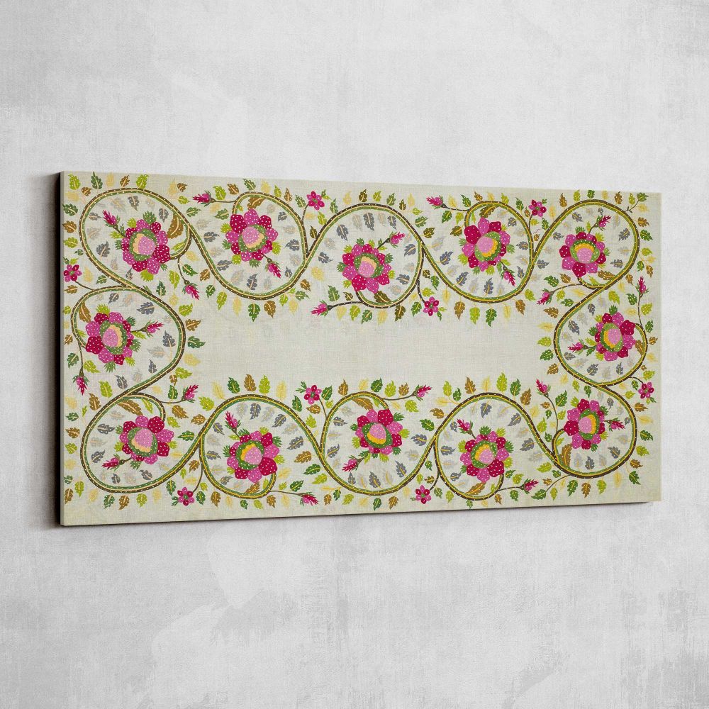 Turkish Pillow Floral Embroidery Pattern by William Morris — single-panel canvas shown on a pale studio wall