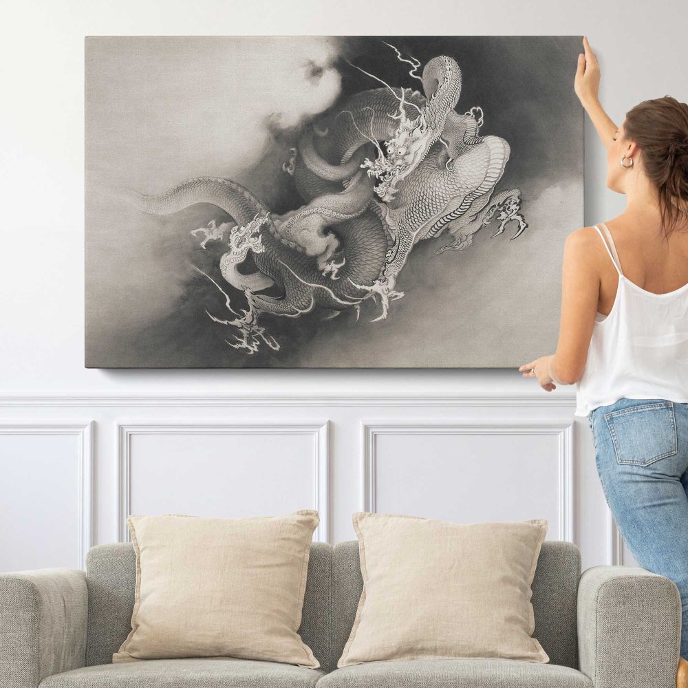 Two Dragons in Clouds , Vintage Japanese Dragon Illustration by Kanō Hōgai - single-panel canvas shown with a person for scale