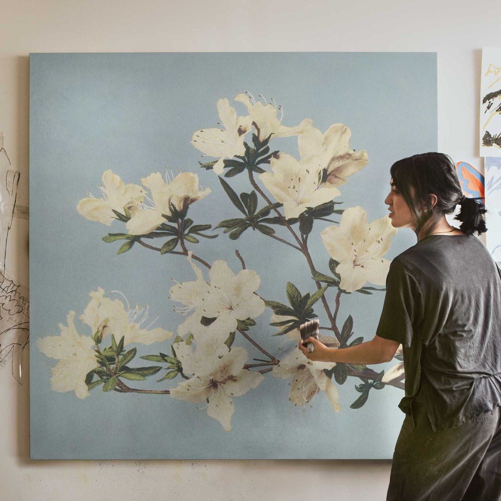 Vintage Japanese azaleas illustration wall art — room mockup view 3
