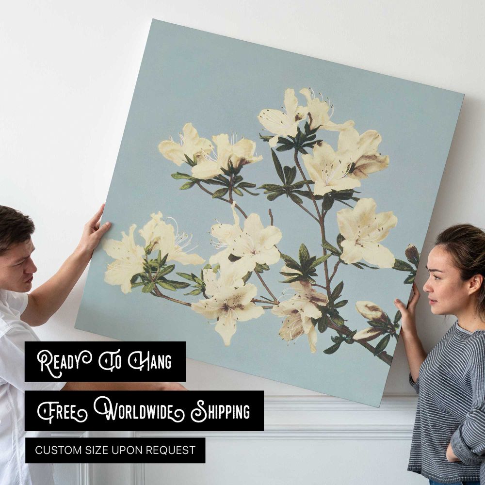 Vintage Japanese azaleas illustration wall art — room mockup view 4