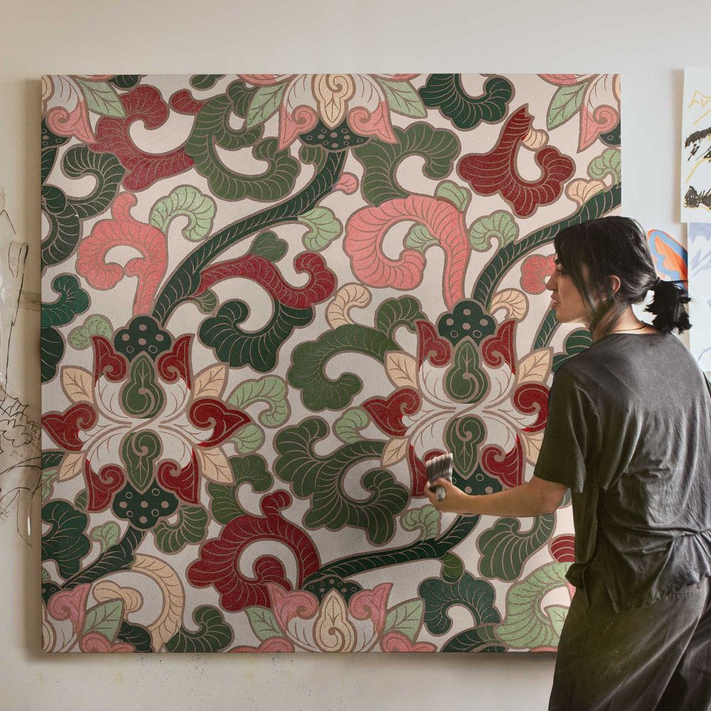 Vintage seamless pattern flower background, colorful oriental flower graphic — room mockup view 3