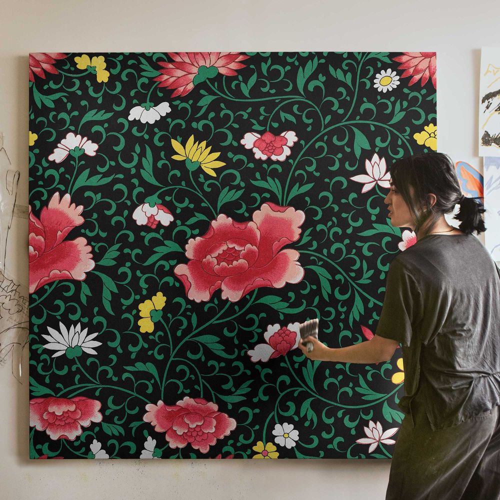 Vintage seamless pattern flower background, colorful oriental flower graphic — room mockup view 3