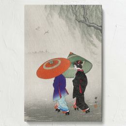 Two Women in the Rain - Japanese Kimono Umbrella Scene By Ohara Koson 