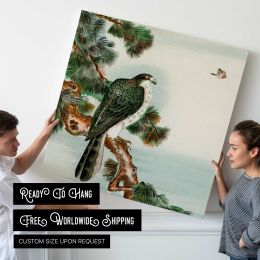 Bird perching on tree top, vintage Japanese animal painting by G.A. Audsley-Japanese illustration Square Canvas Wall Art