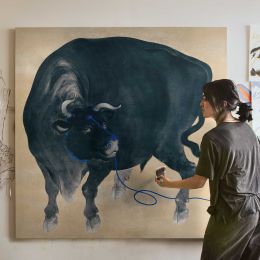 Black bull (19th century) vintage Japanese painting by Mochizuki Gyokusen Square Canvas Wall Art