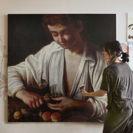 Boy Peeling a Fruit by Caravaggio Square Canvas Wall Art