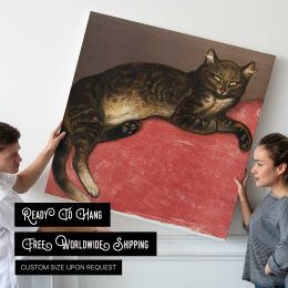 Cat on a Cushion Winter Chromolithograph Square Canvas Wall Art