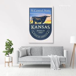 Kansas The Central State of America Emblem Canvas Wall Artwork For Mural Hanging