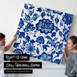 Chinoiserie blue seamless pattern flower background, ethnic Asian flower graphic Square Canvas Wall Art