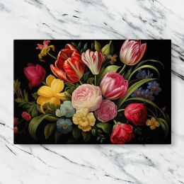 Tulips and Roses on Black Canvas Wall Art Print