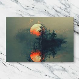 Orange Moon over a Misty Forest Lake Canvas Wall Art Print