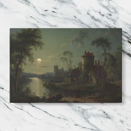 Moonlit River Scene with Classical Ruins Canvas Wall Art Print