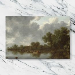 Quiet Riverbank with Trees and Boats Canvas Wall Art Print