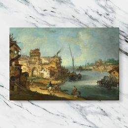 Riverside Town with Boats and Ruined Towers Canvas Wall Art Print