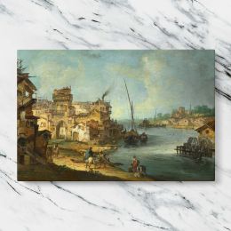 Historic River Town and Boats Canvas Wall Art Print