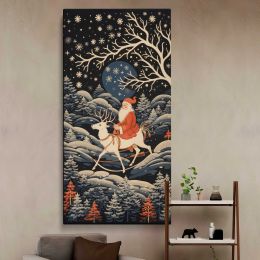 Santa Riding a Reindeer Through a Winter Forest Canvas Wall Art Print