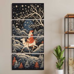 Santa Riding a Reindeer Through a Winter Forest Canvas Wall Art Print