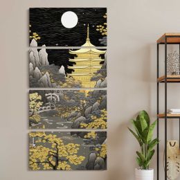 Golden Japanese Temple by Moonlight Canvas Wall Art Print