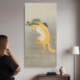 Dancing Fox with Lotus Leaf Hat 1910 by Ohara Koson Canvas Wall Art Print