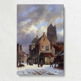 Figures In A Snowy Village Street by Adrianus Eversen Canvas Print