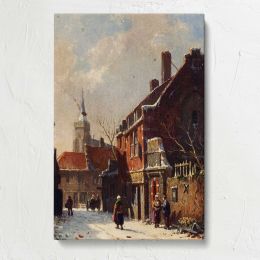 Figures In The Streets Of A Dutch Town In Winter by Adrianus Eversen Canvas Print