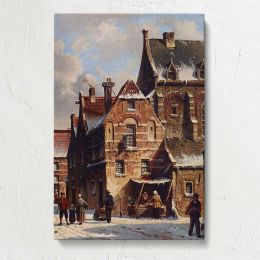 Figures In The Streets Of A Wintry Town by Adrianus Eversen Canvas Print