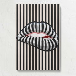 Striped Lips Black and White Optical Art Canvas Print