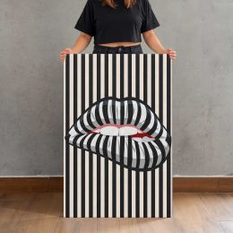 Striped Lips Black and White Optical Art Canvas Print