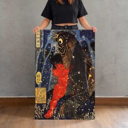 Hero Wrestling a Giant Carp beneath a Waterfall Canvas Print