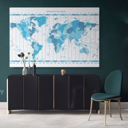 Worldwide Map of Local Time Zones Blue Colored Political World Map With White Canvas Wall Art