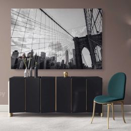 New York City Brooklyn Bridge Skyline Black & White Canvas Wall Art